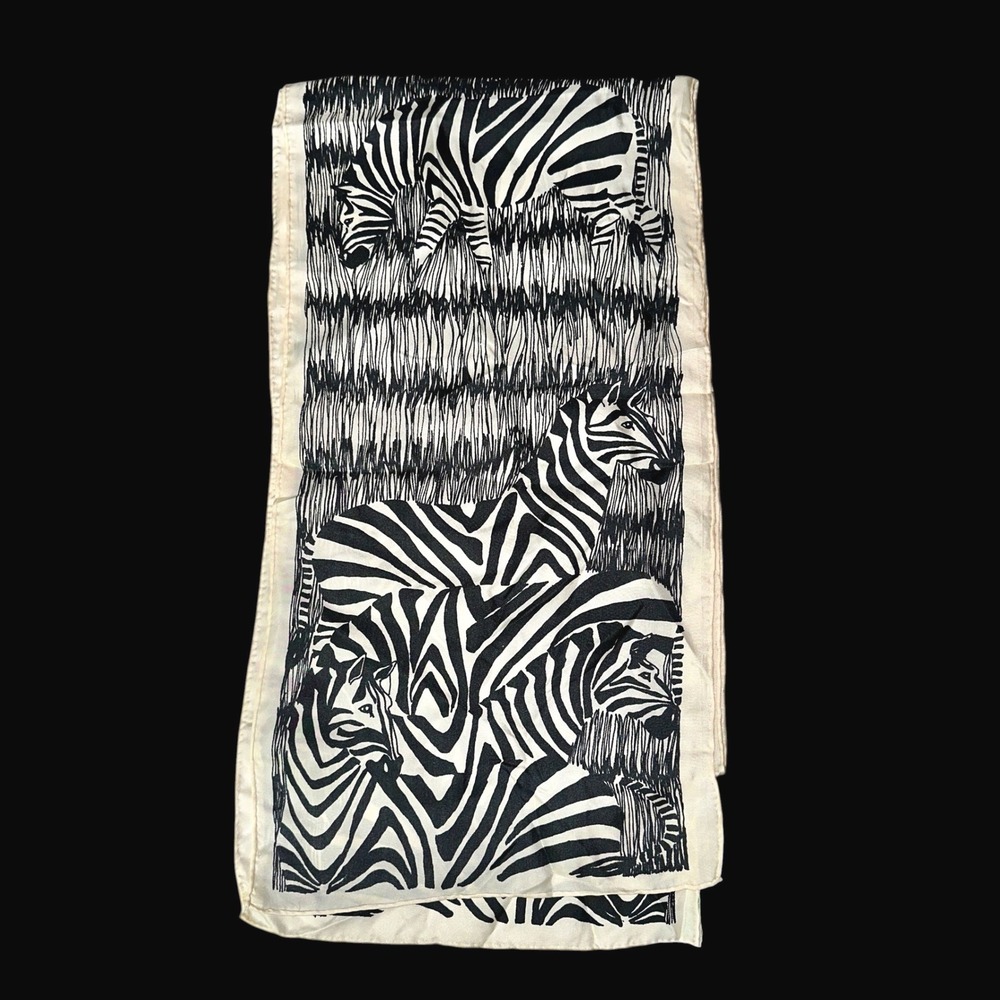 Forsum Vintage Silk Scarf Earle Van Doorn Zebra Print Black White Japan 11x82"